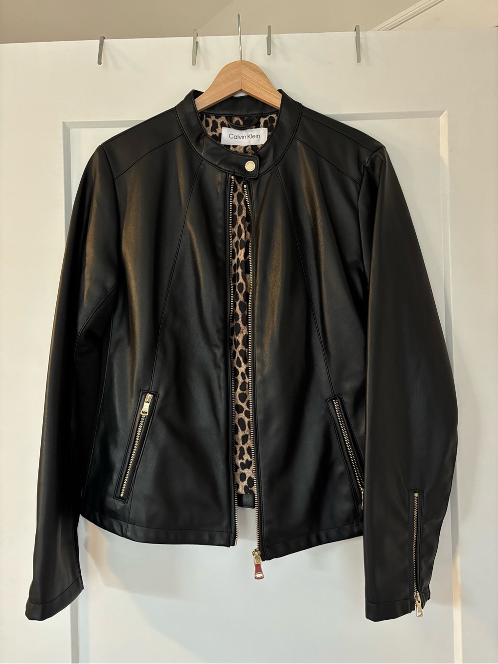 Calvin Klein Black Faux Leather Jacket with Leopard Lining